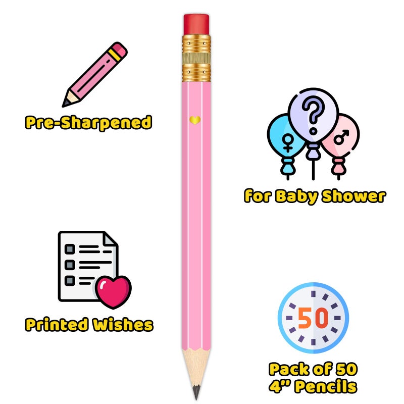 Vusnud 50Pcs - Baby Shower Sharpened Half Pencils with Erasers, Pre-Sharpened Design, 4 Inches, Pink - Image 3